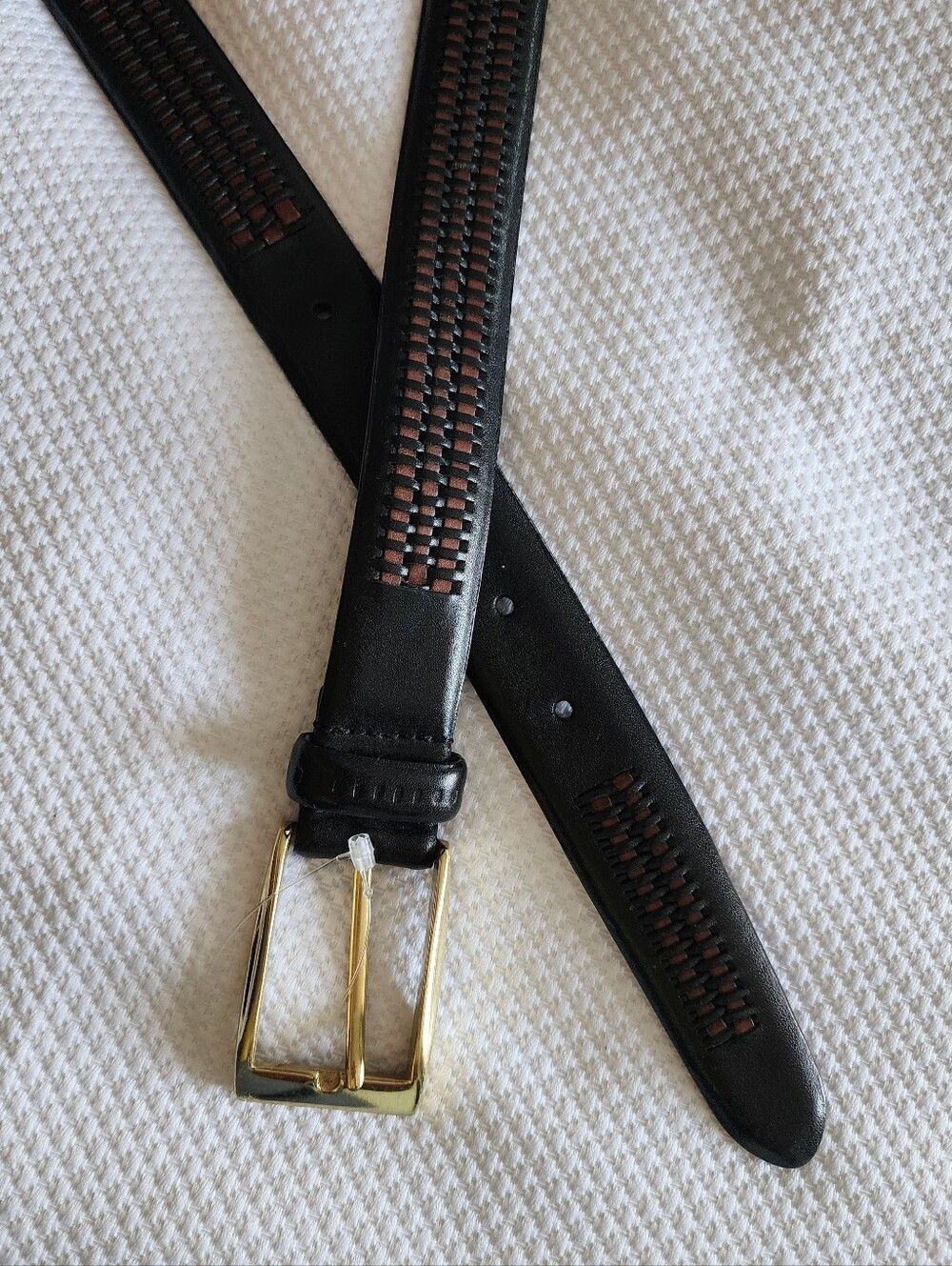 Trafalgar Black Leather Belt with Brown Woven Inlay and Gold Buckle